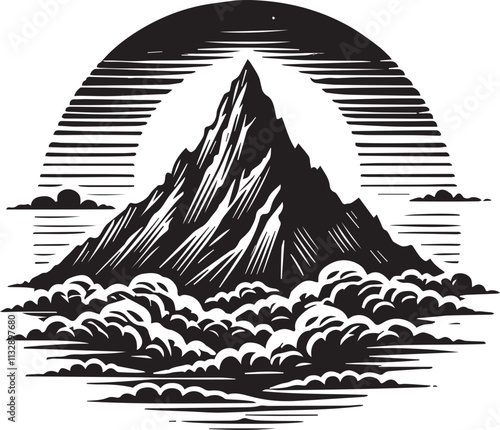 A solitary mountain peak surrounded by low clouds vector silhouette