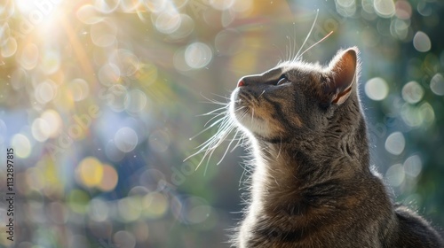 A cute gray cat is praying, with divine rays of light shining on the side of his face, bokeh, side view. copy space --ar 16:9 Job ID: 72095040-2fb3-4384-aa0a-fbc4280372a2 photo