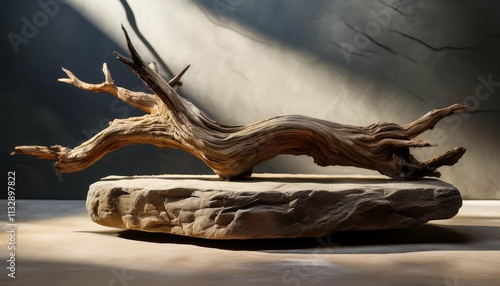 an old tree root placed on a rock display podium showing detail to the stone surface and a shadow with natural light piercing the dead wood