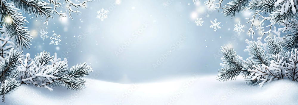 Snow covered pine trees with falling snowflakes