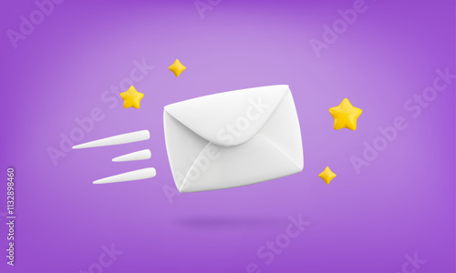 Vector cartoon 3d fast mail concept. Realistic 3d render flying letter with motion lines, stars on violet background. New message, express email delivery sign. Cute envelope for email services app.