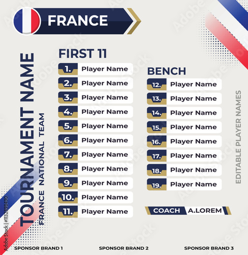 Line up for first 11 of france Soccer Team and Bench Template