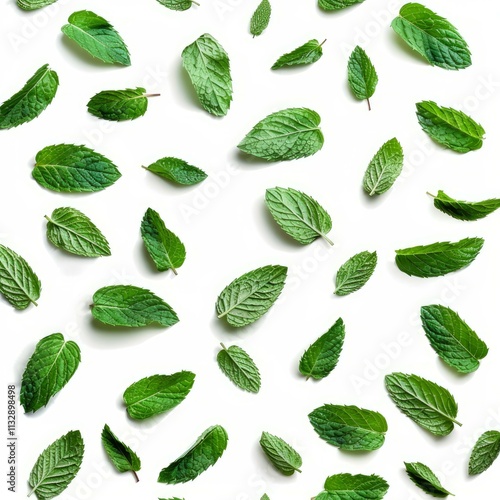 Fresh mint leaves forming a pattern on a white background, ideal for healthy lifestyle or food and drink projects
