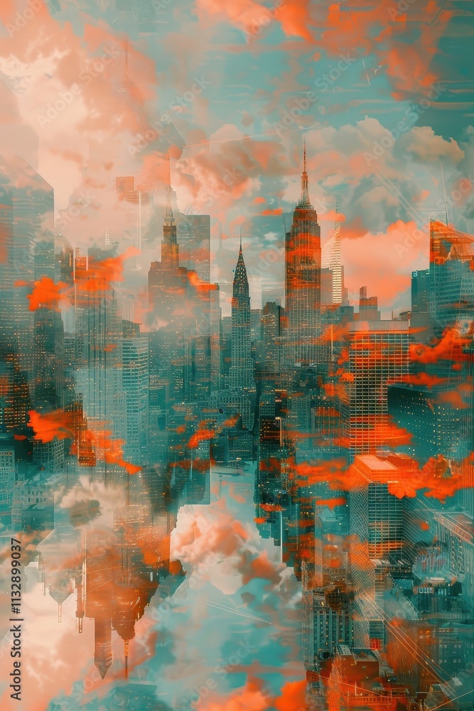 Fototapeta premium A surreal cityscape reflected in a dreamy sunset sky