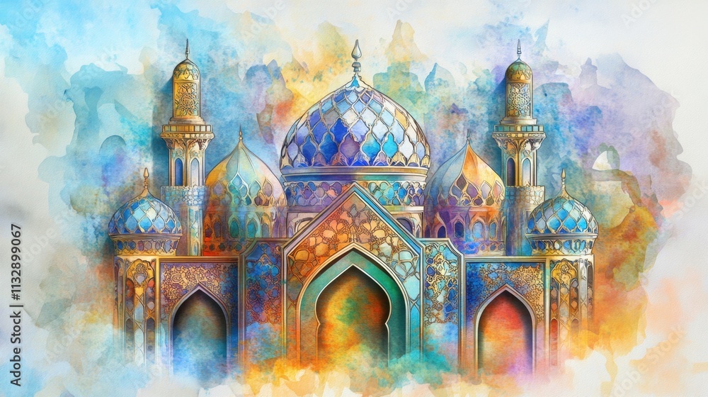 Obraz premium Magnificent Watercolor Painting of an Ornate Mosque with Intricate Details and Vibrant Colors