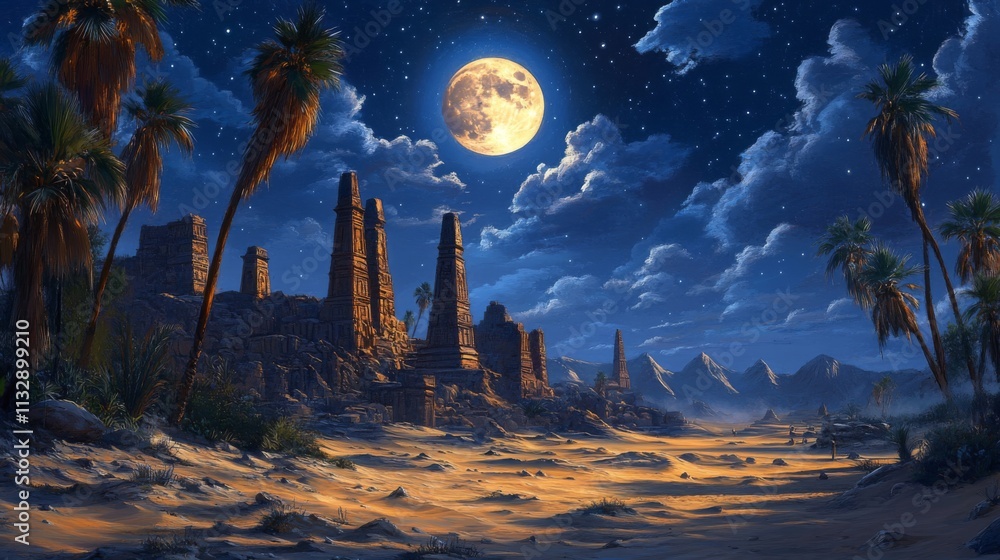 Naklejka premium Ancient Ruins Under a Full Moon in the Desert