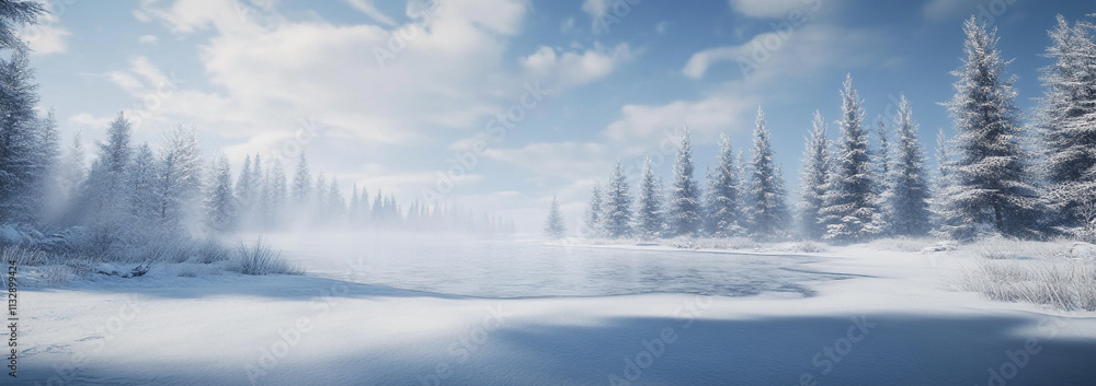 Obraz premium Snow covered pine trees with falling snowflakes