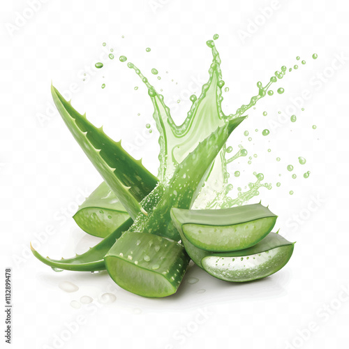 Fresh green aloe vera in splash of juice isolated on white background