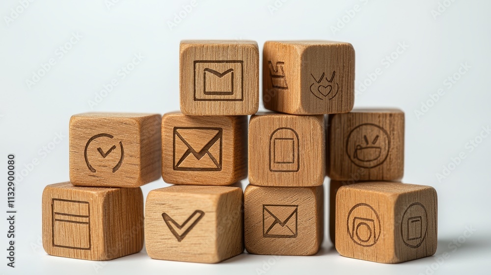 Obraz premium Wooden Blocks with Engraved Icons Stacked for Delivery or Display