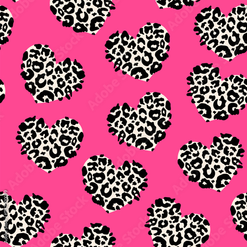 Abstract leopard hearts seamless pattern. Hand drawn pink animal love print with spotted heart shape. Safari grunge texture background for fashion print, fabric, textile, Valentines day decor.