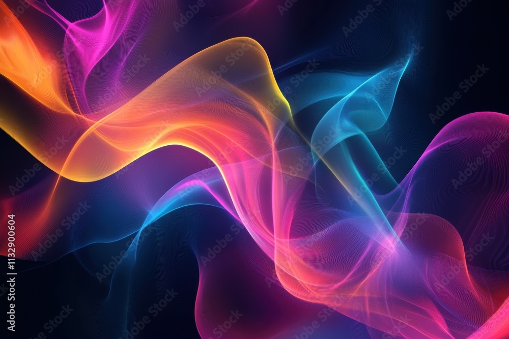 Fototapeta premium Flowing neon waves in vibrant colors on a dark background, creating a futuristic and dynamic design for backgrounds and banners