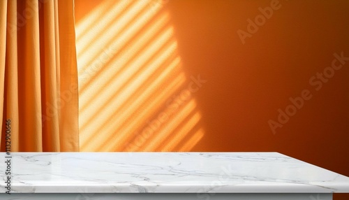 modern and minimal white marble table top or countertop with orange wallpaper wall with sunlight from window and curtain for luxury personal care and household product display background