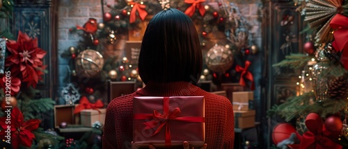 Triumphant Woman with Black Friday Gift Box Amidst Seasonal Decorations photo