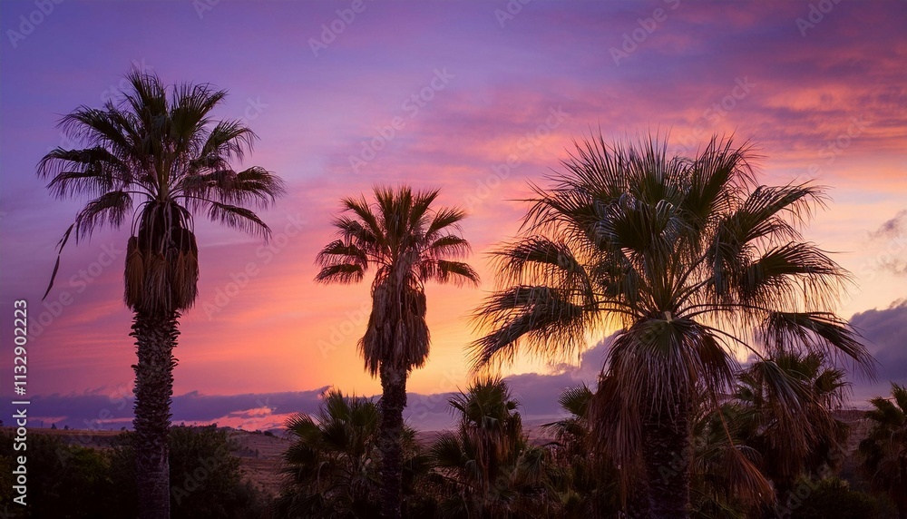 Fototapeta premium palms surrounded by purple shades of sunset create a warm and romantic atmosphere