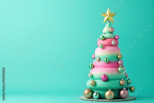 ultra-fashion christmas tree-shaped cake meticulously decorated with shimmering metallic frosting and vibrant edible photo