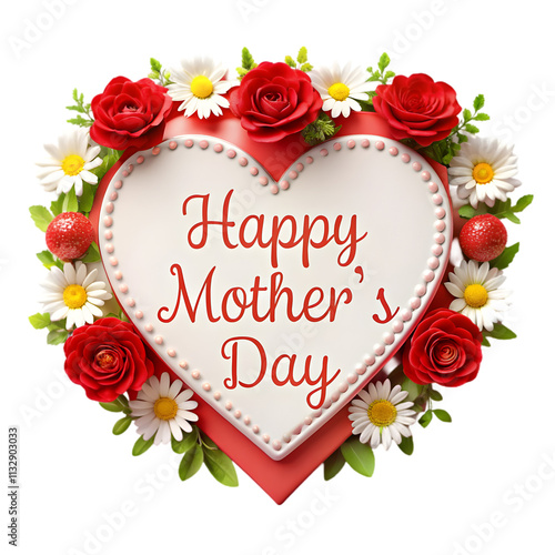 Happy Mother's day text  in heart shape with flowers on whit background