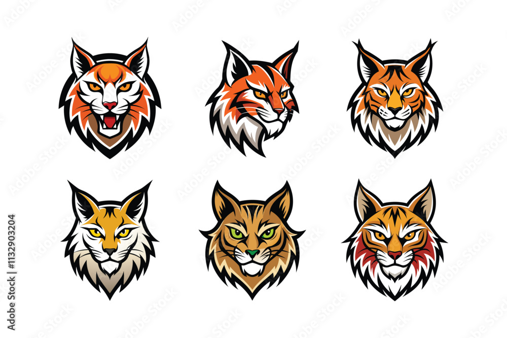 Obraz premium Various styles of a bobcat's logo, labeled medium vector design illustration.