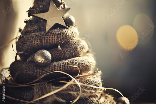 Árbol de navidad rústico hecho de rafia, esparto y madera photo