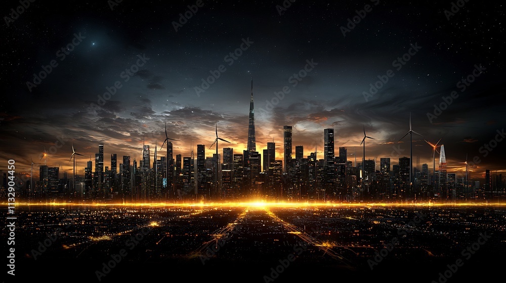 Fototapeta premium Glowing Futuristic Cityscape Showcasing Renewable Energy Investment
