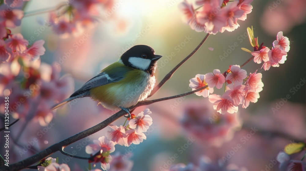 Fototapeta premium A beautiful bird on a cherry tree branch with a blurred background, AI generated image