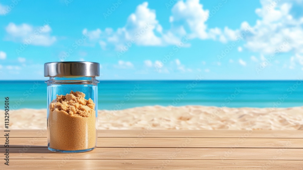Obraz premium Glass jar with brown sugar on wooden table by the beach with calm ocean waves and bright blue skies, perfect for summer cooking and relaxation vibes