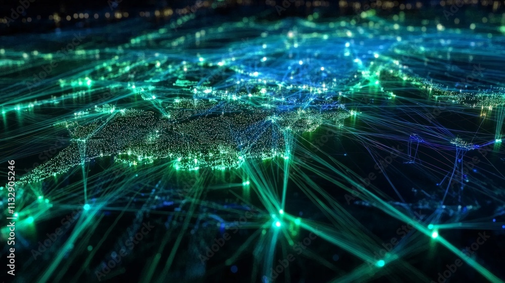 Fototapeta premium Dynamic network connections across europe visual data representation technology landscape nighttime view digital connectivity concept