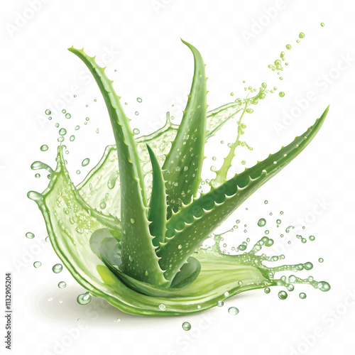 Fresh green aloe vera in splash of juice isolated on white background