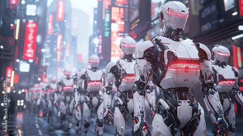 Wallpaper Mural Futuristic robots march through a cyberpunk city. Torontodigital.ca