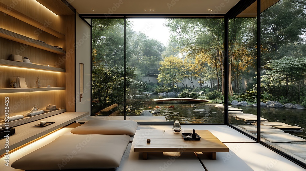 Fototapeta premium A tranquil Asian-inspired hotel living room with minimalist low seating, elegant wooden decor on sleek shelves,