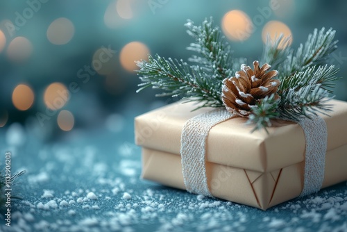Christmas present wrapped in a white ribbon and adorned with a pine branch, set against a pastel blue background with snowflakes and bokeh effect for a festive, blurred appearance.