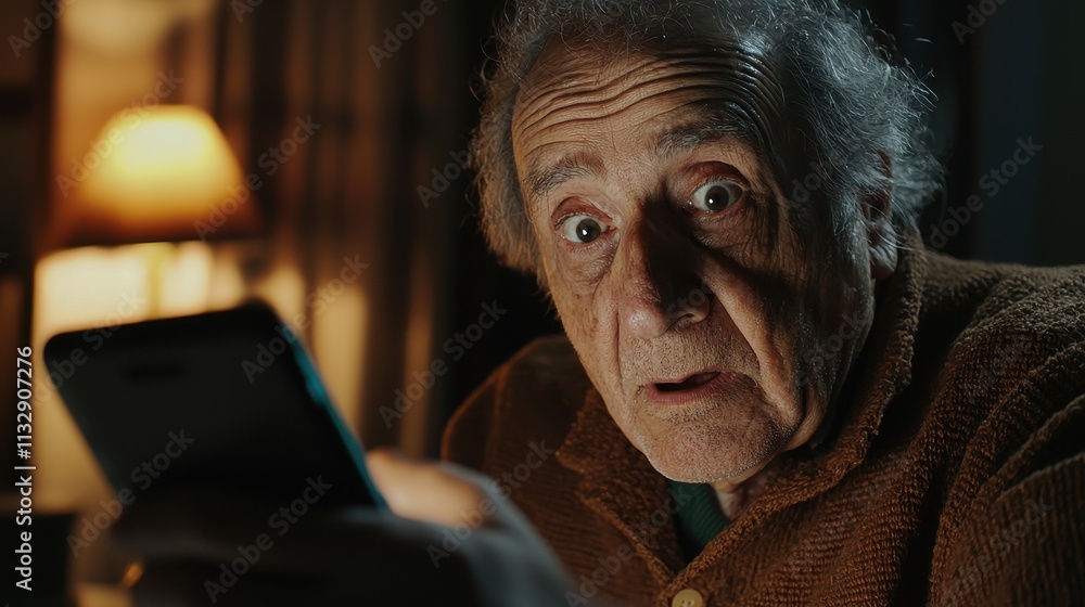 Fototapeta premium Elderly Man Surprised by Smartphone Screen in Dimly Lit Room