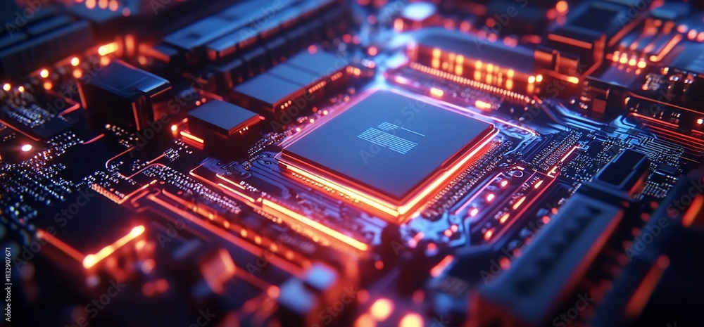 Obraz premium A close-up view of a circuit board with glowing components and a processor.