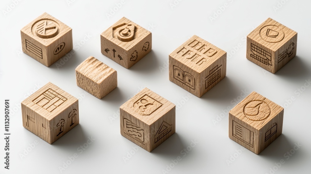 Fototapeta premium Engraved Wooden Blocks with Iconic Storefront Symbols on Display