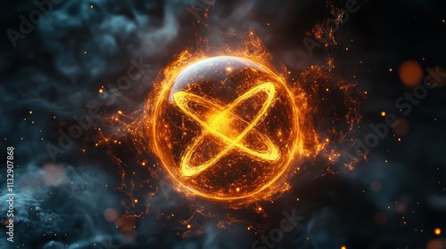 Fiery glowing orb with abstract symbol, surrounded by smoke and fire effects. photo