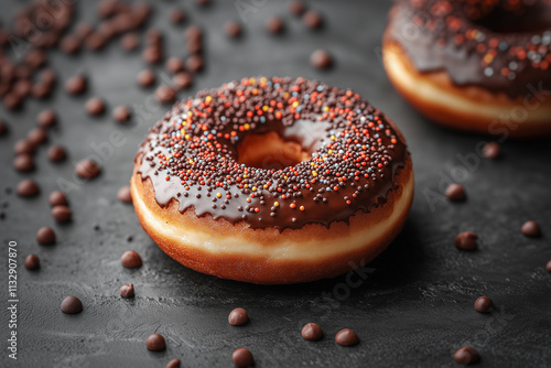 Donut with chocolate, sprinkled with sprinkles. A black background with chocolate balls scattered on it. photo