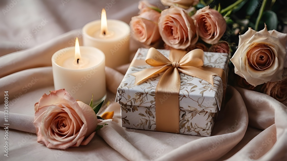 Obraz premium gift box with rose petals and candle , romantic gift for Valentine 