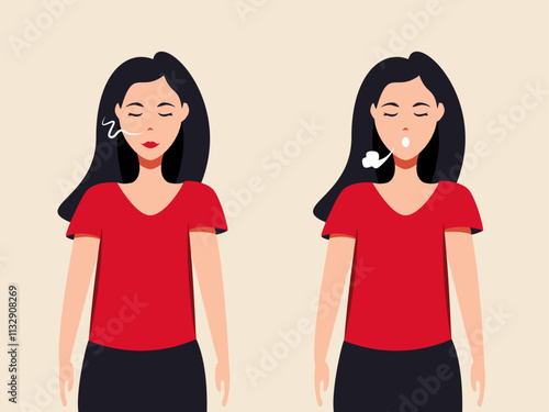 Woman with dark hair performing a breathing exercise, inspiration, expiration, sophrology