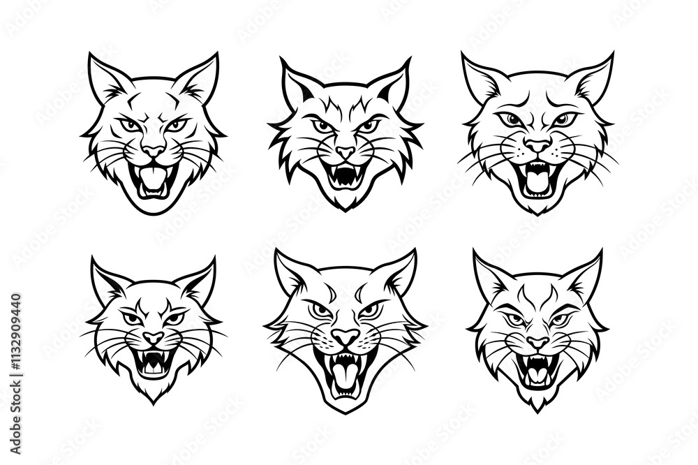 Obraz premium Various styles of a bobcat's logo, labeled line art vector design illustration.