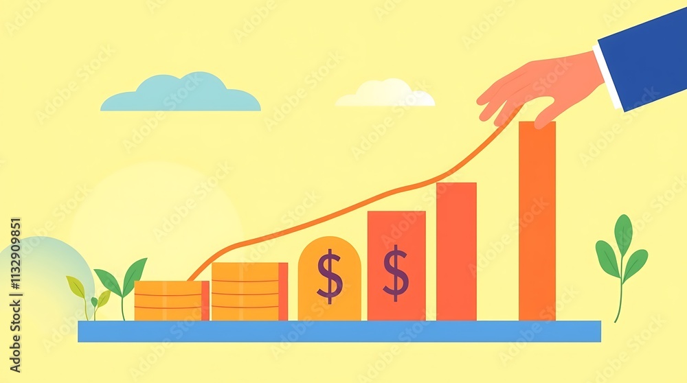 Obraz premium Growing Profits: A hand reaches towards a bar graph of increasing profits, symbolic of financial growth and business success. 