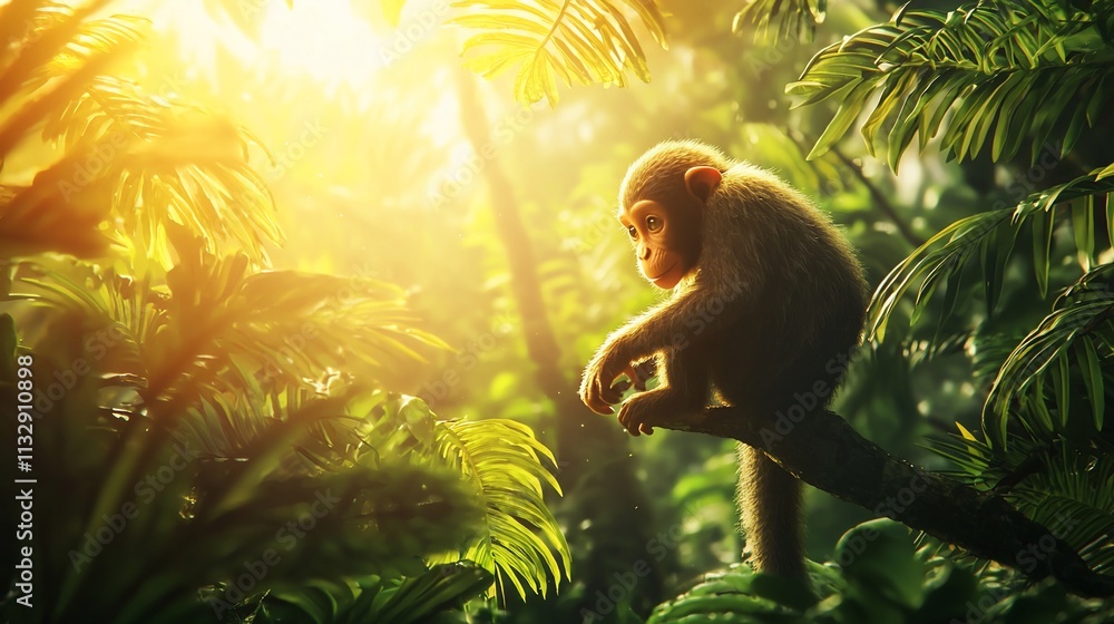 Obraz premium Young monkey sitting on a branch in a lush jungle, sunlight shining through leaves.