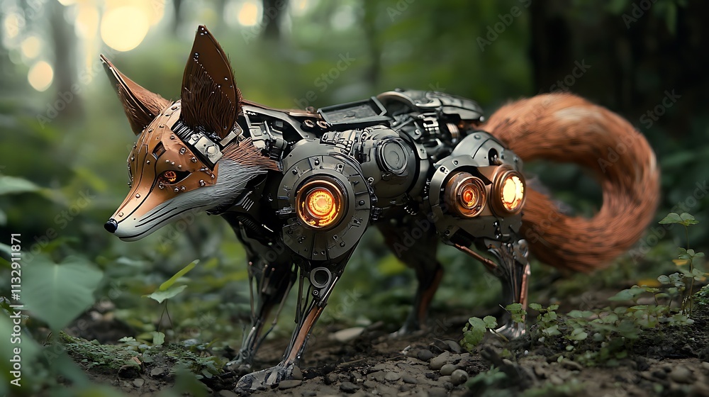 Obraz premium A robotic fox with mechanical features and glowing elements in a forest setting.