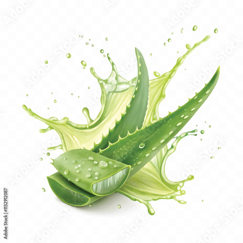 Fresh green aloe vera in splash of juice isolated on white background