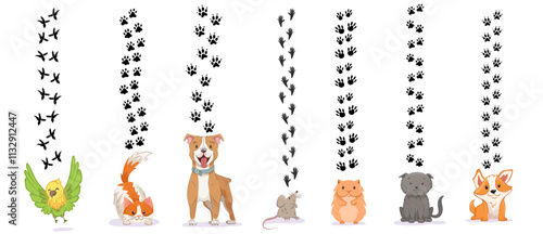 Pets paw print silhouette set. Different animals: cat, dog, parrot, rat or mouse and hamster footprint vector illustration. Domestic Animal tracks isolated on white background