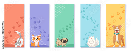 Vertical poster templates with cute pets. Dogs and cats of different breeds. Dog grooming, pet adoption, shop banner for your design in social media. Vector cartoon illustration