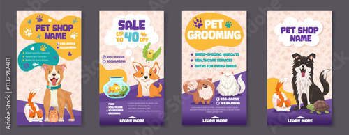 Set of Social media post templates for pet shop, dog grooming and sale promotion. Cute and modern design with dogs, cat, parrot, hamster and paw print patterns. Vector cartoon illustration for flyer