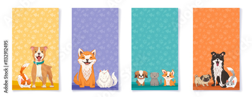 Vertical poster templates with cute pets. Dogs and cats of different breeds. Dog grooming, pet adoption, shop banner for your design in social media. Vector cartoon illustration