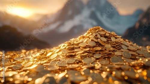Golden Mountain of Coins Under a Sunset Sky