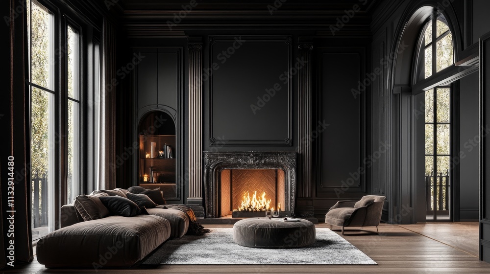 Fototapeta premium A modern living room featuring dark tones, a cozy fireplace, and elegant furnishings.