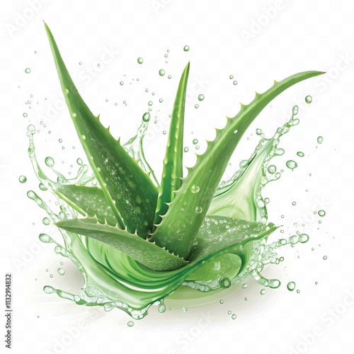 Fresh green aloe vera in splash of juice isolated on white background