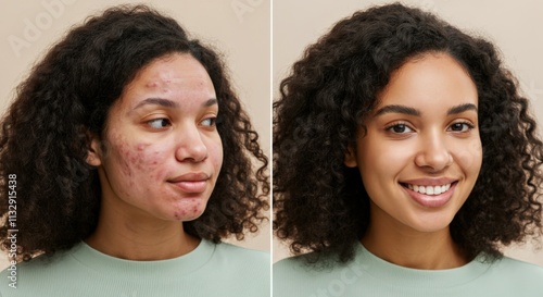 Transformation of young african female with curly hair before and after skincare treatment photo